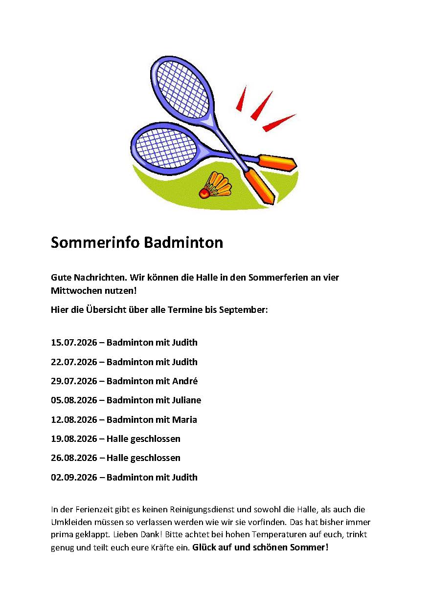 Termineübersich Badminton im Sommer 2026 - Freizeitbereich